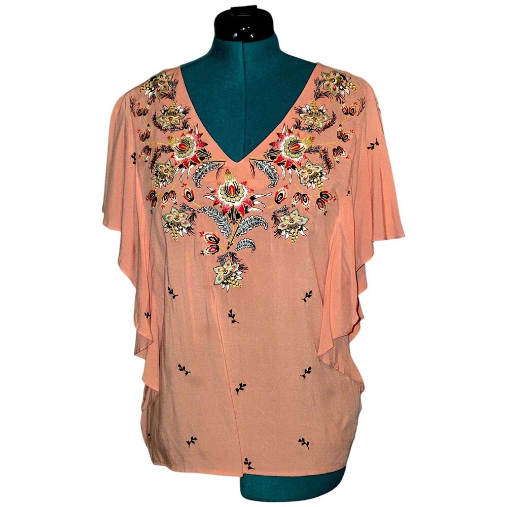 SUNDANCE Catalog sz S Embroidered Rayon V-Neck Butterfly Wing Sleeves Terracotta